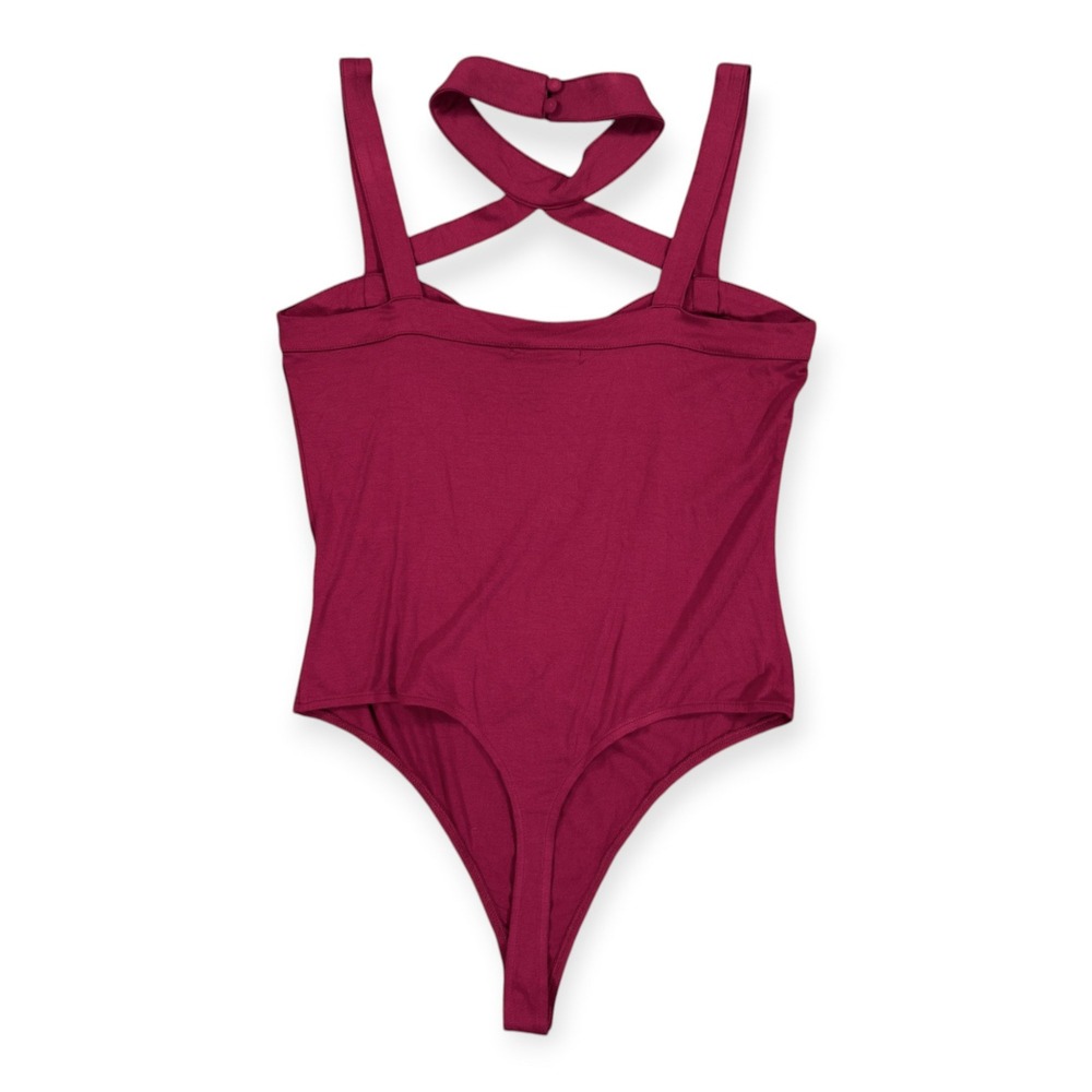 RED by BKE Sleeveless Strappy Neck Bodysuit Womens M Maroon Mock Neck Thong Snap - Picture 7 of 10